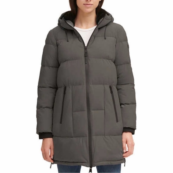 Dkny Jackets & Blazers - Women’s DKNY Gray Hooded Puffer Coat Thumbhole Cuffs Size XL Ski Winter Cozy